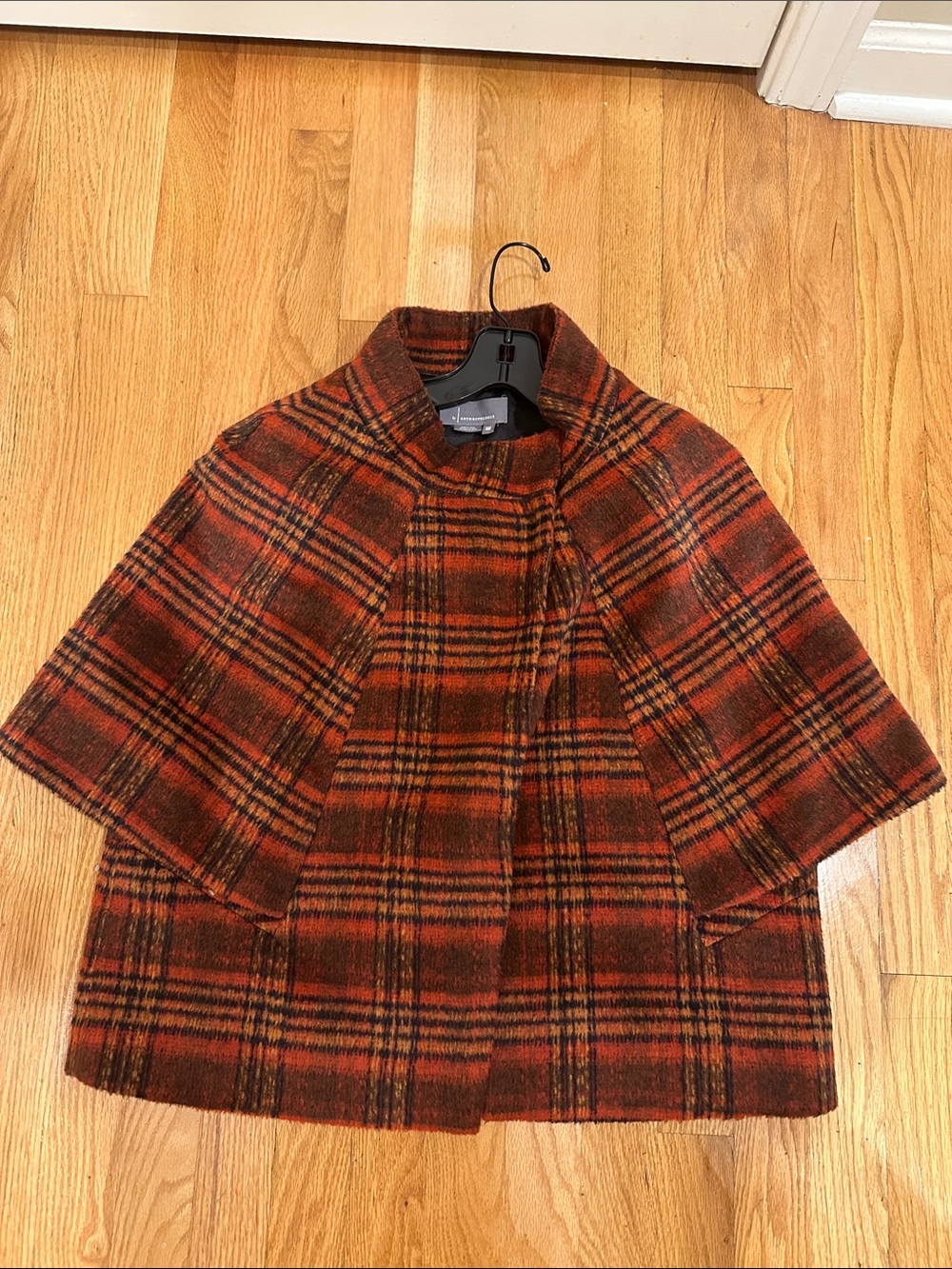 Anthropologie Rust and Black Plaid Wool Cape